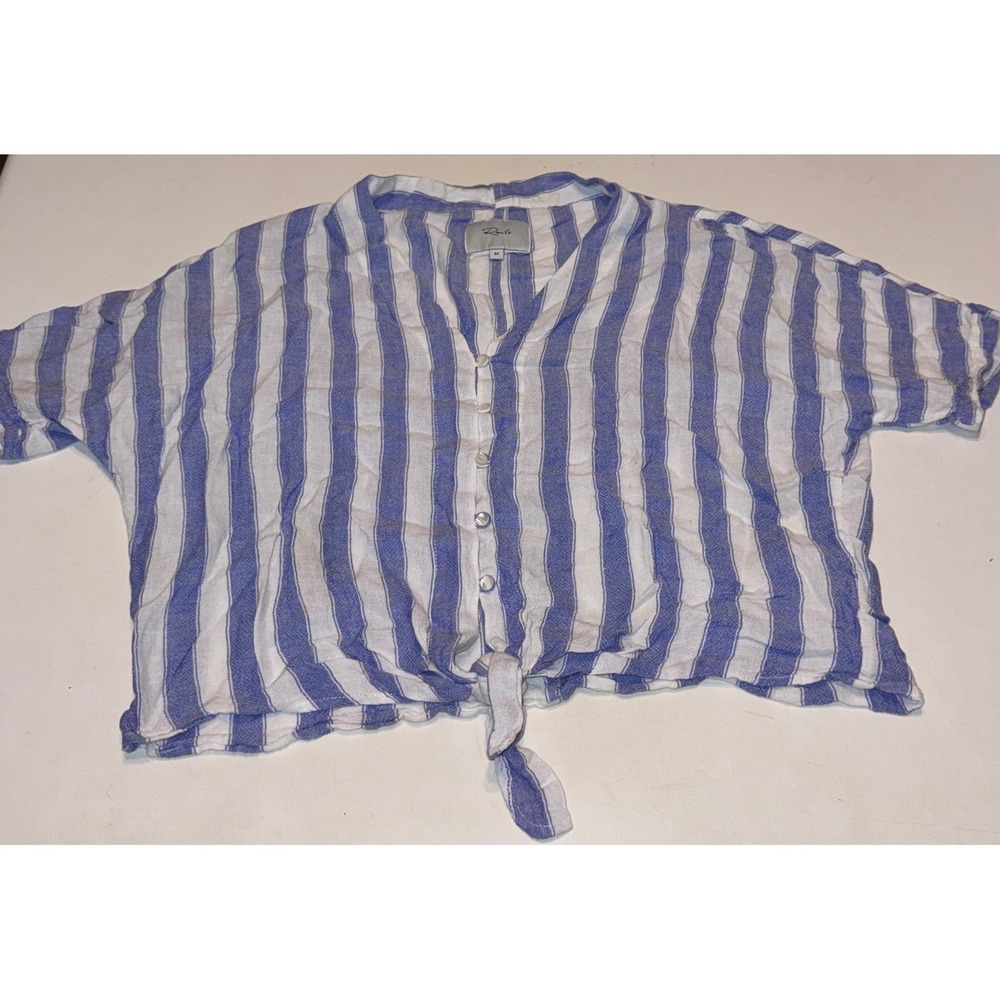 Rails Thea Pacific Stripe Linen Blend Tie Front Button Down Top Blue White M